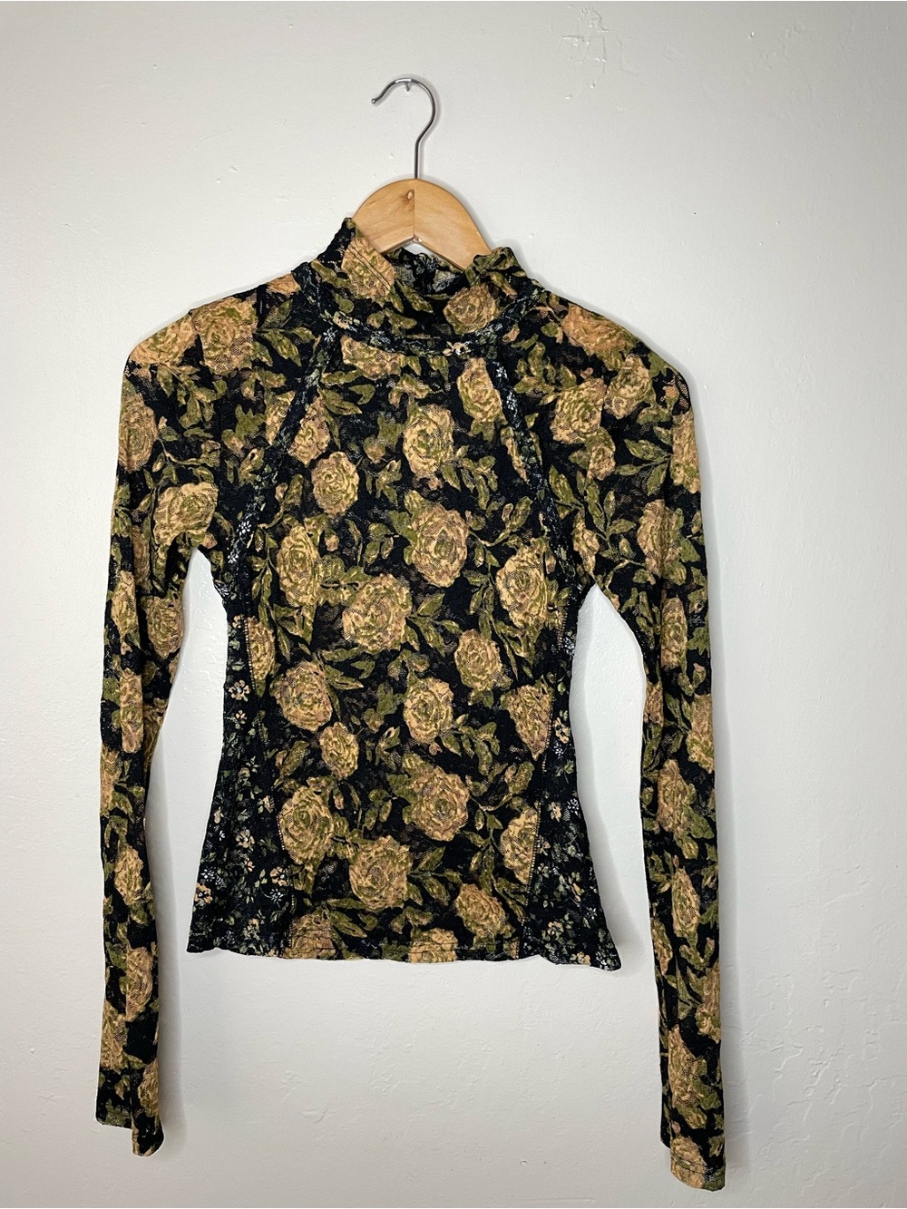 Free People Floral Lace Long-Sleeve Mock Neck Top - Black & Gold